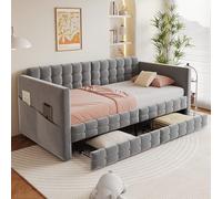 NNJN Divano letto imbottito 90 x 190 cm, classico motivo a quadri, scomparti sui lati del letto, due cassetti sotto il letto, ospiti o come letto singolo, tessuto di velluto, grigio