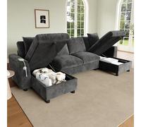NNJN Divano moderno a forma di U in ciniglia (2 posti + due elementi chaise longue), chaise longue con vano portaoggetti apribile, con 1 porta USB e 1 porta di tipo C, grigio, dimensioni: 284 x 135 x
