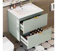 NNJN Lavabo sospeso a parete, MDF completamente laccato, due cassetti silenziosi, frontali dei cassetti strutturati orizzontalmente e verticalmente, lavabo integrato, verde menta 61 x 46 x 57 cm