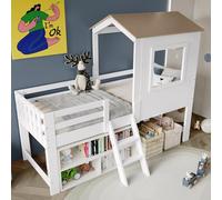 NNJN Lettino a mezza altezza, letto con tetto e finestra, recinzione a quattro lati, con piccole scale, spazio libero sotto il letto, pino + MDF + compensato, bianco e naturale, 90 x 200 cm