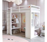 NNJN Lettino a soppalco per bambini, 90 x 200 cm, con ripiani a più livelli, con semplici grucce e ripiani, con 1 carrello portaoggetti rimovibile, molto spazio, letto per ragazzi, letto singolo