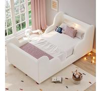 NNJN Lettino imbottito per bambini, letto singolo, con ringhiera di protezione, con luce notturna e porta di ricarica USB e scomparti portaoggetti, gambe in legno massiccio (beige bouclé, 90 x 200 cm)