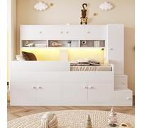 NNJN Lettino in legno per bambini 90 × 200 cm, con vano portaoggetti, armadietto e semplice scaletta da arrampicata, con illuminazione a LED, telaio per lettino con ringhiera di sicurezza (bianco)