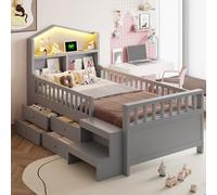 NNJN Lettino per bambini 90 x 200 cm, con griglia di sicurezza, con quattro cassetti, con luci a LED, con porte di ricarica USB e tipo C, letto in legno massiccio con rete a doghe, letto singolo