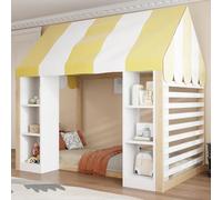 NNJN Lettino per bambini in stile rustico, 90 x 200 cm, con baldacchino, spazio frontale aperto e telaio in legno, colore legno + bianco