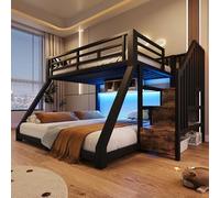 NNJN Letto a castello, 90 x 200 cm, 140 x 200 cm, con strisce LED LED, tre scomparti, strutture per scale con vano portaoggetti, ringhiere, gradini, certificazione en747, senza materasso, metallo