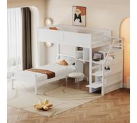 NNJN Letto a castello, 90 x 200 cm, scala di sicurezza con vano portaoggetti nascosto, vano portaoggetti da scrivania, design 2 in uno, per bambini, rete a doghe, letto in pino (bianco)