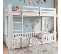 NNJN Letto a castello, in legno di pino + LVL, con scala ad angolo retto, con ringhiera e porta, con protezione anticaduta, spazio libero sotto il letto, 90 x 200 cm (bianco)