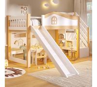 NNJN Letto a mezza altezza, 90 x 200 cm, ringhiera di sicurezza, scala portaoggetti, scivolo, con barra luminosa a LED, bianco