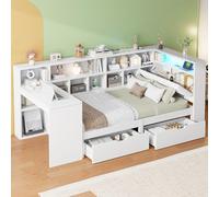 NNJN Letto a piattaforma L in legno con scrivania e libreria, letto a castello angolare con testata imbottita, cassetti sotto il letto, luce LED - Bianco (90x200cm)