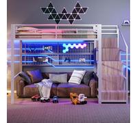 NNJN Letto a soppalco, 140 x 200 cm, telaio in ferro, armadio, scala per riporre oggetti, spazio libero sotto il letto, luci LED a 7 colori, senza materasso (bianco)