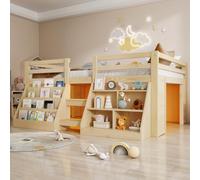 NNJN Letto a soppalco con più ripiani, con barra luminosa a LED, per stoccaggio, ringhiera, scala, in legno di pino, senza materasso, stile minimalista, 140 x 200 cm, pino naturale