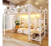 NNJN Letto a soppalco da 140 x 200 cm, in metallo, scaffale a gradini, con griglia portaoggetti, spazio aperto sotto il letto, con barra luminosa a LED, senza materasso, bianco
