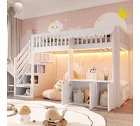 NNJN Letto a soppalco in legno, 90 x 200 cm, con armadietto, scala di stoccaggio, striscia LED multicolore, design grondaia, rete a doghe, letto singolo (bianco)