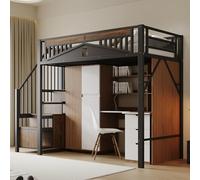 NNJN Letto a soppalco in metallo 90 x 200 cm, alloggiamento di sicurezza unico con finestra, scala di sicurezza con armadietto (nero)