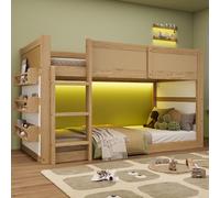NNJN Letto a soppalco, letto a castello, letto per bambini, scala a tre gradini, con ripiano e barra luminosa LED, recinzione su tutti i lati, pino + MDF + intreccio sintetico, naturale + bianco, 90 x