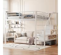 NNJN Letto a soppalco, ripiani, scala di stoccaggio, spazio libero sotto il letto per travestimento, ringhiera (senza materasso) (bianco, 140 x 200 cm)
