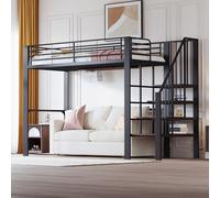 NNJN Letto a soppalco stabile struttura in metallo con ampio spazio sotto il letto e le scale, ideale per bambini e adulti per la massima efficienza dello spazio (nero, 90 x 200 cm)