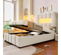 NNJN Letto imbottito, con rete a doghe, luce d'atmosfera con telecomando, a forma di principessa corona, materiale PU, rosa (senza materasso) (beige, 90 x 200 cm)