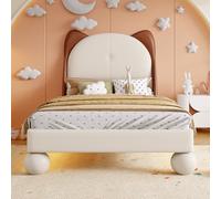 NNJN Letto imbottito, letto singolo, letto per bambini, testa a orecchie di gatto, striscia luminosa a LED regolabile sotto il letto, doghe stabili, PU, beige + marrone giallo, 90 x 200 cm