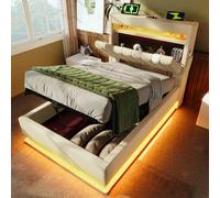 NNJN Letto imbottito, letto singolo, testiera con connettori USB e di tipo C, illuminazione a LED sulla testa e sui piedi del letto, con vano di stoccaggio idraulico, lino (senza materasso) (beige, 90