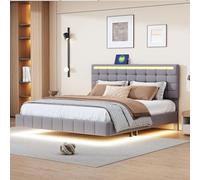 NNJN Letto imbottito, telaio imbottito con luci a LED e design testiera, letto matrimoniale con superficie in lino delicato sulla pelle (grigio, 160 x 200 cm) (senza materasso)