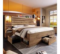 NNJN Letto in legno matrimoniale con faretti LED e USB Type-C, nicchia illuminata, comodini sospesi, spazio di archiviazione sotto il letto con cassetti, aspetto rovere, senza materasso (160 * 200-C)