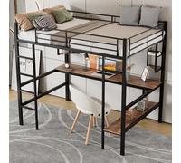 NNJN Letto in metallo, letto in ferro con scrivania, letto a soppalco con quattro piccoli ripiani e una grande libreria per bambini, ragazzi e adulti, nero (90 x 200 cm)