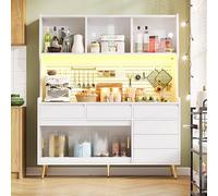 NNJN Mobile alto moderno con illuminazione a LED e controllo app, armadio da cucina o sala da pranzo con cassetto, credenza con ripiano con parete forata, 145 x 39 x 171 cm (bianco)