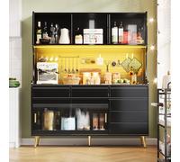 NNJN Mobile alto moderno con illuminazione a LED e controllo app, armadio da cucina o sala da pranzo con cassetto, credenza con ripiano con parete forata, 145 x 39 x 171 cm (nero)