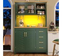 NNJN Mobile da cucina a buffet, 105,5 x 40 x 180 cm, stile rustico, 4 ante, con striscia luminosa a LED e portabevande (verde)