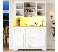 NNJN Mobile da cucina alto con porte USB e prese, credenza con striscia luminosa a LED, armadio da cucina, armadietto con ante per snack, credenza, pattumiera possono essere installati, bianco