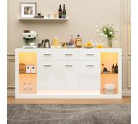 NNJN Mobile da soggiorno con striscia luminosa a LED e 3 cassetti, credenza lucida, un comò con 14 ripiani, armadio con fondo in vetro temperato, bianco 160 x 40 x 75 cm