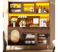 NNJN Pannello laterale/armadio/armadietto da cucina/buffet, 145 x 39 x 171 cm, stile rustico, 5 ante, con striscia luminosa a LED e piastra di blocco in vetro, colore: marrone