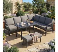 NNJN Set da pranzo da giardino, set di mobili da giardino, può ospitare fino a 8 persone, braccioli e schienali intrecciati, tubi in acciaio zincato, include un divano ad angolo, un tavolo da pranzo e