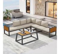 NNJN Set di divani modulari per esterni con schienale regolabile, braccioli pieghevoli e contenitori per ghiaccio in metallo, cuscini spessi 10 cm, per terrazza, balcone, zona piscina (beige)