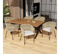 NNJN Set sala da pranzo da giardino, 7 pezzi, corda da giardino, 6 poltrone e 1 tavolo, tavolo in legno di acacia, con poggiapiedi e sei cuscini, rimovibile e lavabile, HW24012