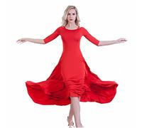 Nnnydjy Abbigliamento da Pratica di Danza Moderna da Donna Completo da Ballo per Prestazione di Valzer con Maniche A 2/3 Abiti da Ballo Standard Costume da Allenamento per Tango Flamenco,Rosso,L