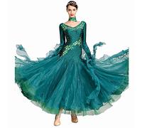 Nnnydjy Abiti da Ballo da Sala Professionali Costume da Gara di Valzer Ricamato da Donna Completo da Ballo di Tango Flamenco A Maniche Lunghe Gonna Altalena in Tulle,I,XXL