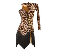 Nnnydjy Abiti Latini con Nappe Abito da Competizione per Il Tango Cha Cha Abbigliamento da Ballo da Sala da Ballo per Donna Costume da Spettacolo di Valzer con Stampa Leopardata,Marrone,S