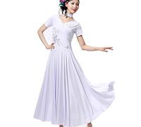 Nnnydjy Abito da Ballo per Allenamento di Tango Costume da Valzer con Scollo A V per Donna Abiti da Ballo da Sala Morbidi E Lisci Elegante Abbigliamento da Elogio del Flamenco Linea A,Bianca,3XL