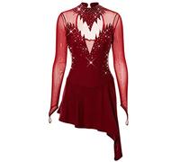 Nnnydjy Abito da Pattinaggio Artistico su Ghiaccio alla Moda Costume da Pattinaggio A Rotelle da Donna da Competizione Gonna da Balletto Strass Body per Ginnastica Ritmica,Burgundy,XXXL
