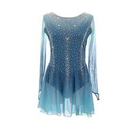 Nnnydjy Elegante Costume da Ballo di Pattinaggio sul Ghiaccio Fatto A Mano Strass Lucido Abito da Pattinaggio di Figura Traspirante Aperto sul Retro Body da Ginnastica Maniche Lunghe,Blu,11_13Years