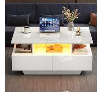NNXHWY Tavolino basso LED e 2 cassetti,Tavolino elegante 90 x 55 x 41 cm con spazio di archiviazione, mobile basso nel soggiorno (C, bianco)