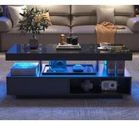 NNXHWY Tavolino da divano a LED, tavolino da caffè, 95 x 50 x 42,5 cm, 4 ripiani in vetro, 2 cassetti e 2 scomparti aperti, mobile basso nel soggiorno, apertura a pressione cassetti (B, nero)