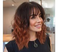 Nnzes Ombre Auburn Parrucca con frangia lunga spalla marrone ondulata affascinante capelli sintetici ricci naturali resistenti al calore per uso quotidiano alle feste