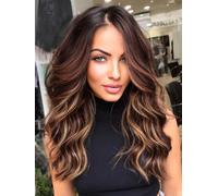 Nnzes Parrucca bionda mista marrone con frangia, da donna, capelli lunghi ondulati castano rossastro, con frangia per tende, parrucca naturale, resistente al calore, capelli sintetici affascinanti