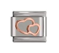 No Brand Name Charm a doppio cuore in oro rosa, adatto a tutti i classici braccialetti in stile italiano da 9 mm, Acciaio inossidabile, Strass