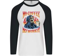 No Caffè No Lavoro Divertente Teschio Grim Reaper Uomo L/S Baseball T-Shirt