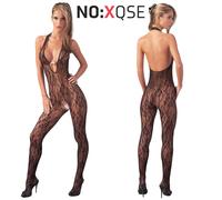 NO:XQSE Sexy Catsuit Tuta Nera Aderente in Pizzo Floreale con Scollo Profondo